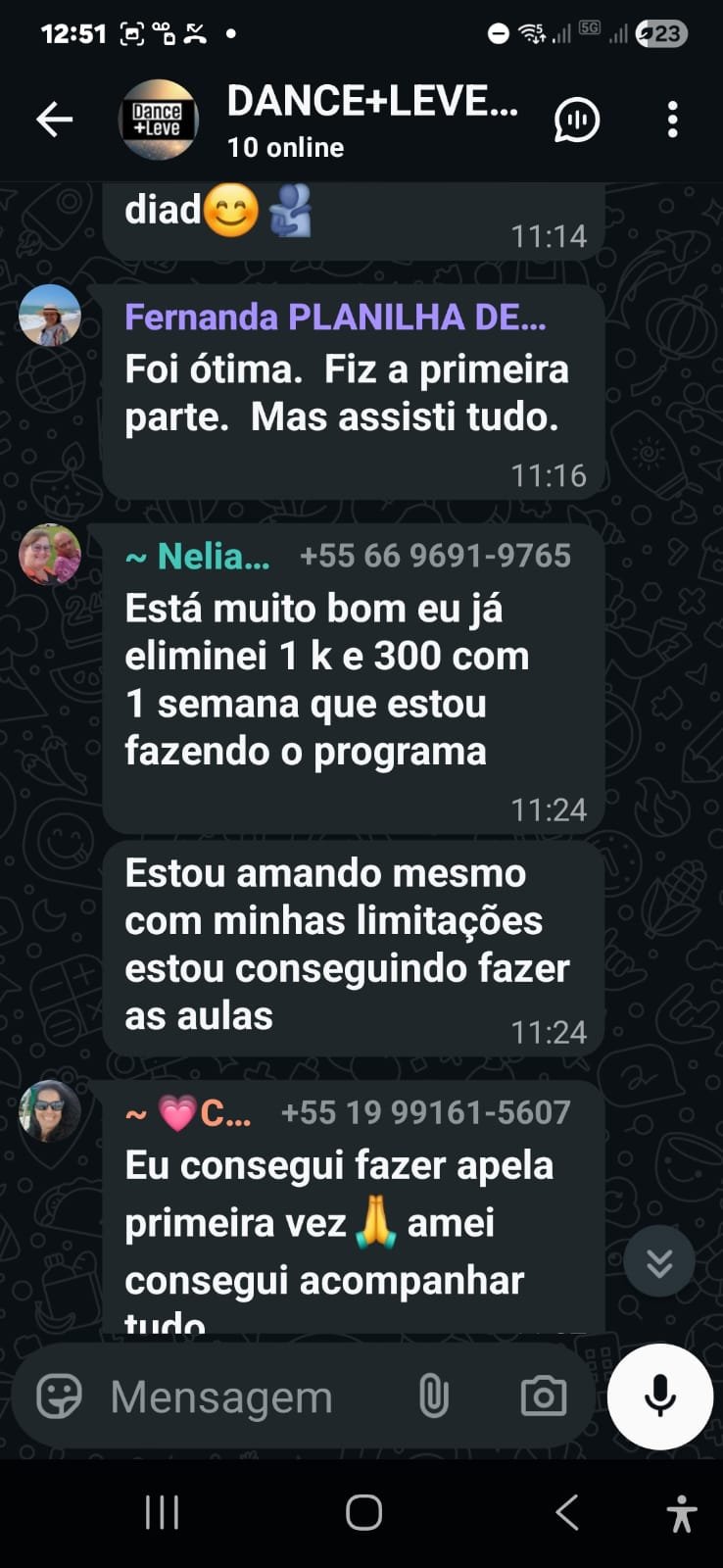 Depoimento de alunas no grupo do WhatsApp